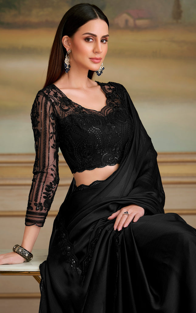 Black Solid Poly Chiffon Saree with Satin Blouse