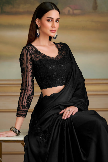 Black Solid Poly Chiffon Saree with Satin Blouse