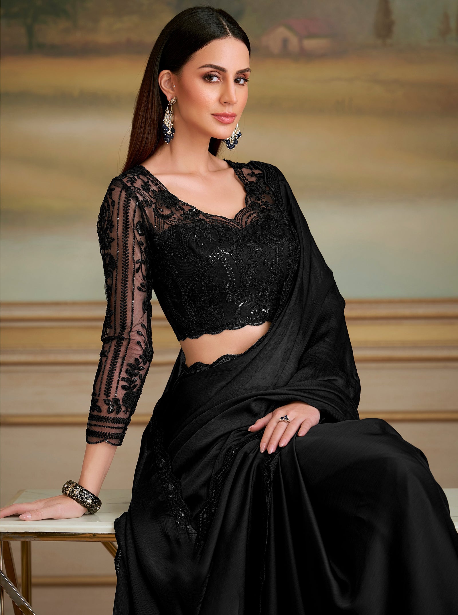 Black Solid Poly Chiffon Saree with Satin Blouse