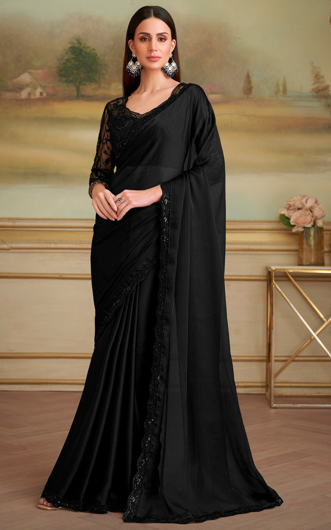 Black Solid Poly Chiffon Saree with Satin Blouse
