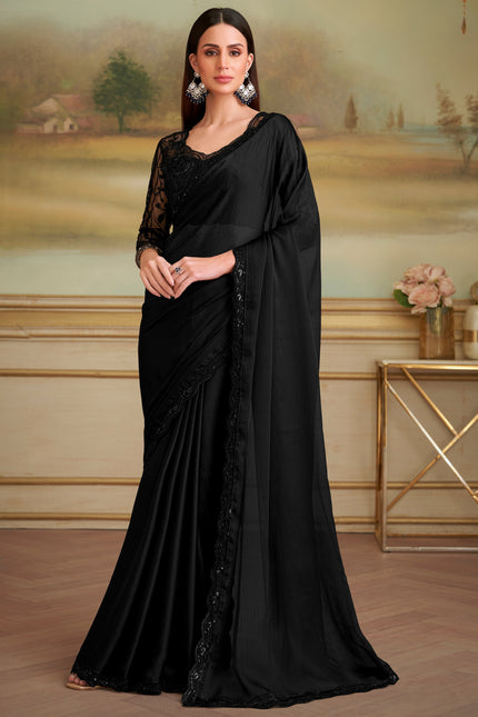 Black Solid Poly Chiffon Saree with Satin Blouse