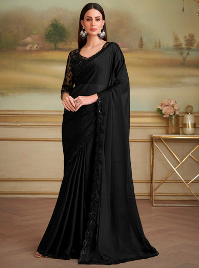 Black Solid Poly Chiffon Saree with Satin Blouse