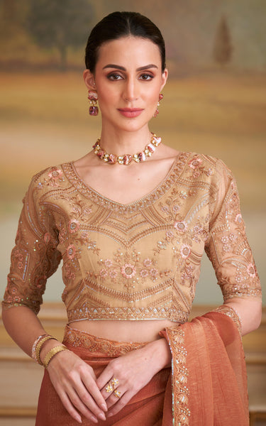 Orange Solid Poly Georgette Saree with Poly Silk Blouse