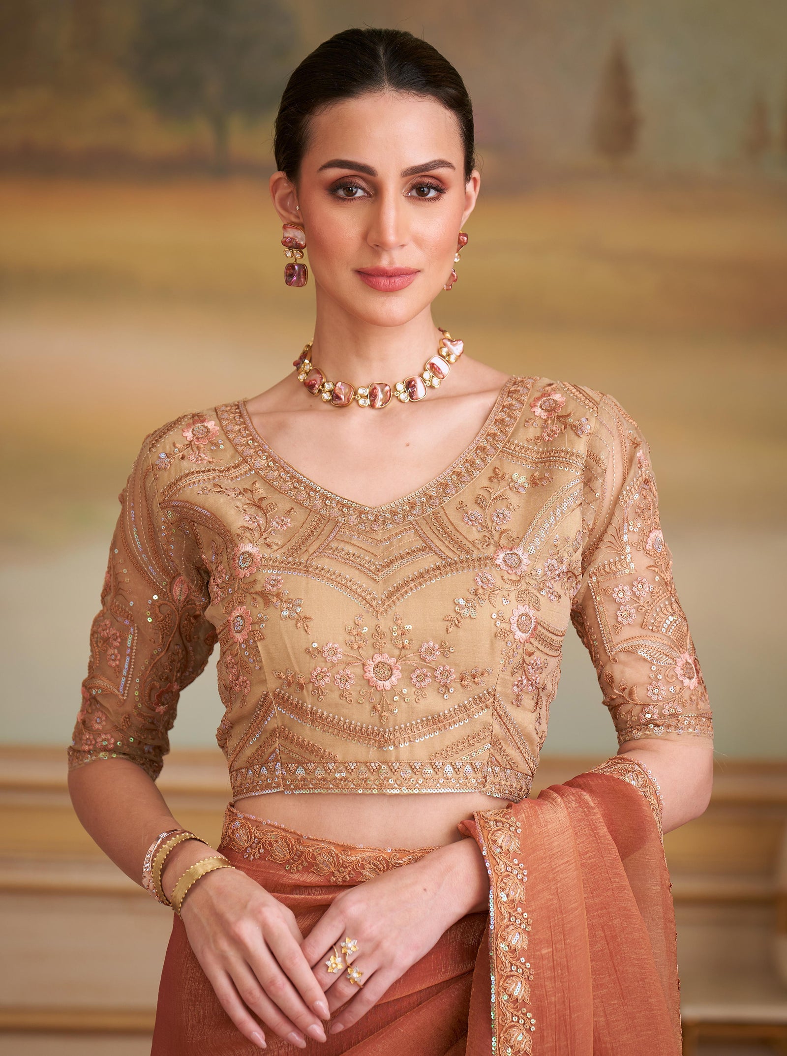 Orange Solid Poly Georgette Saree with Poly Silk Blouse