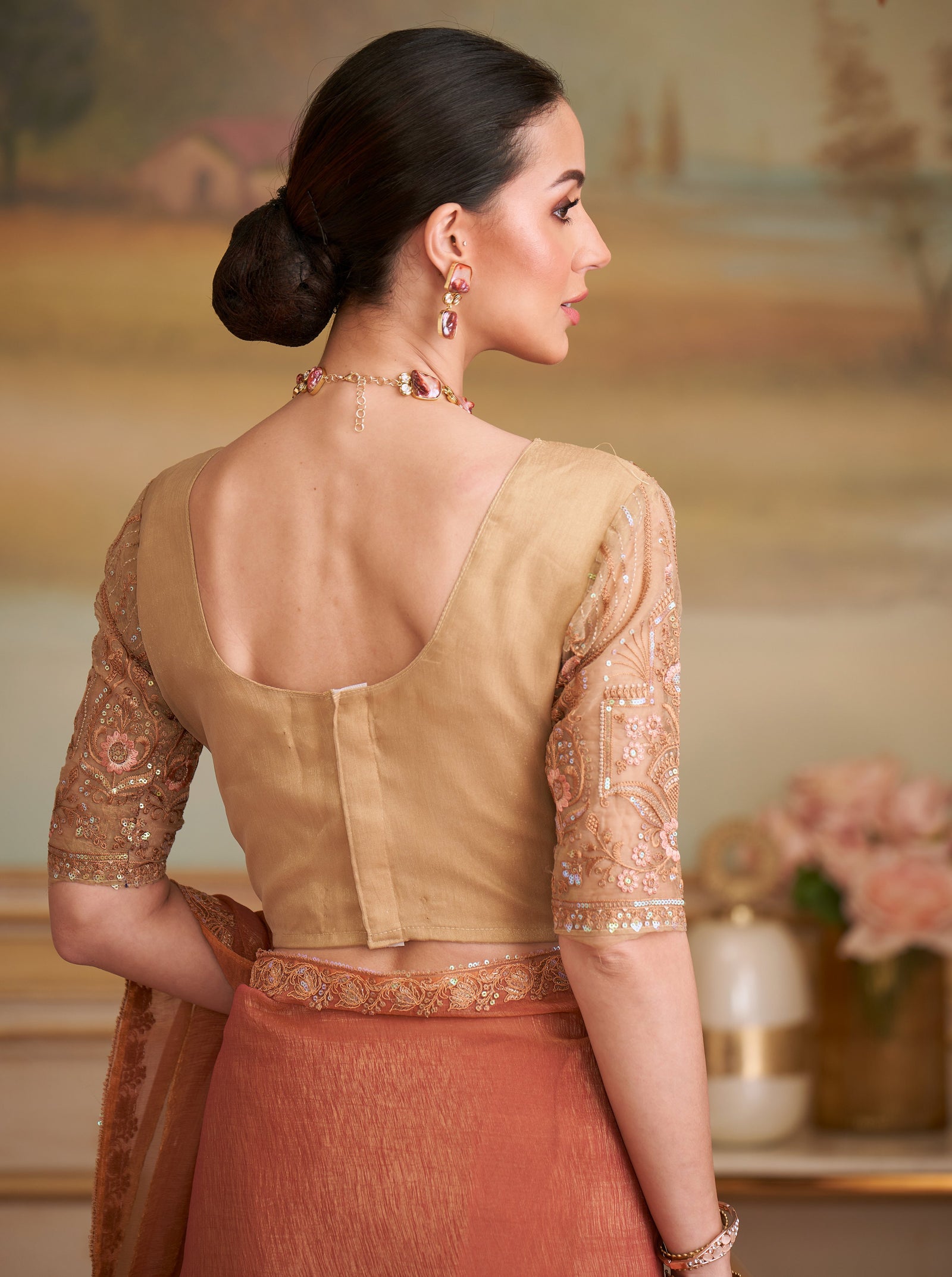 Orange Solid Poly Georgette Saree with Poly Silk Blouse