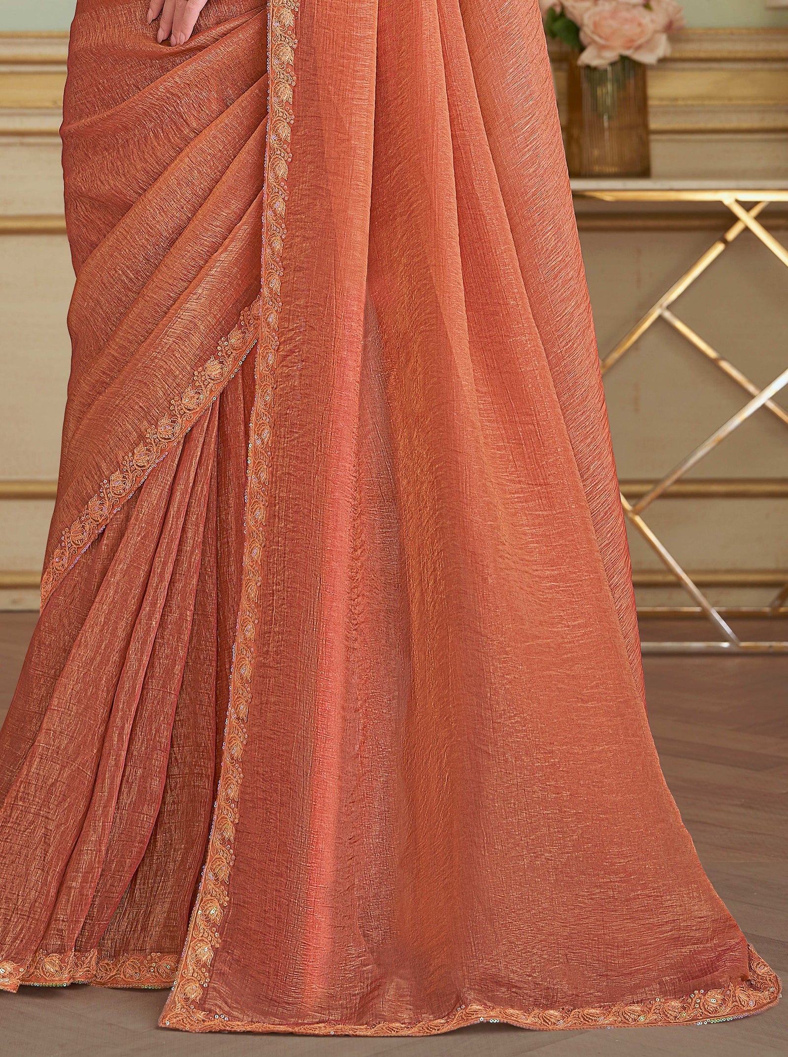 Orange Solid Poly Georgette Saree with Poly Silk Blouse