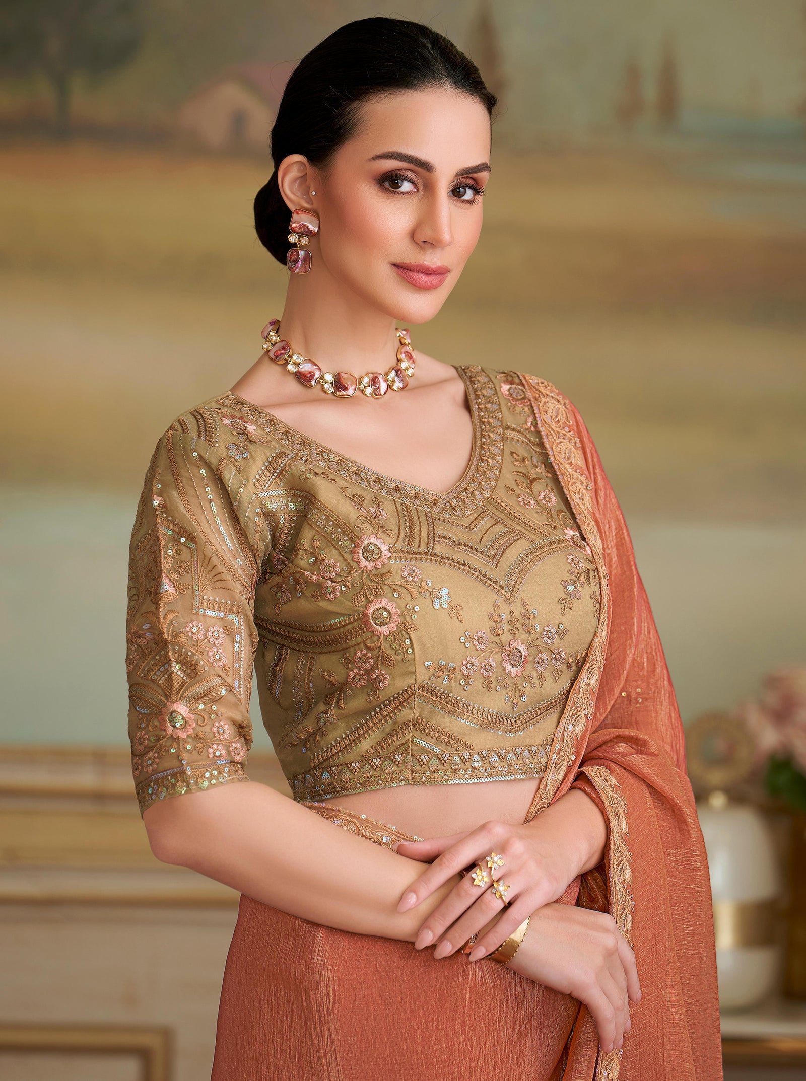 Orange Solid Poly Georgette Saree with Poly Silk Blouse