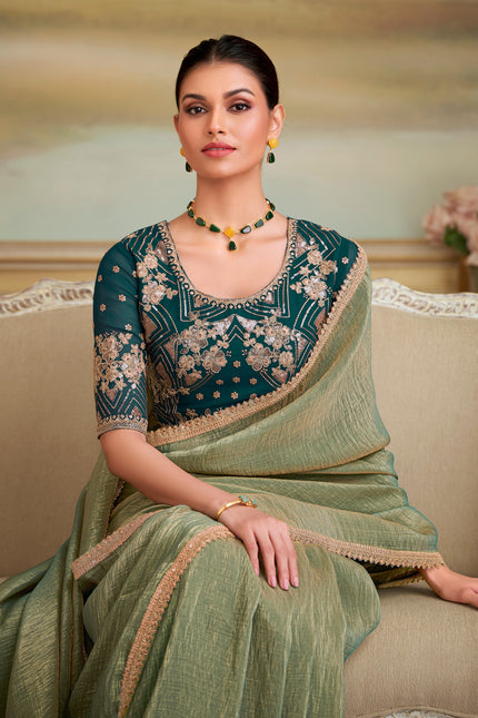Green Solid Poly Georgette Saree with Poly Georgette Blouse