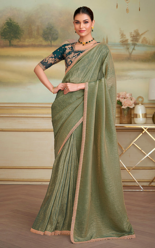 Green Solid Poly Georgette Saree with Poly Georgette Blouse