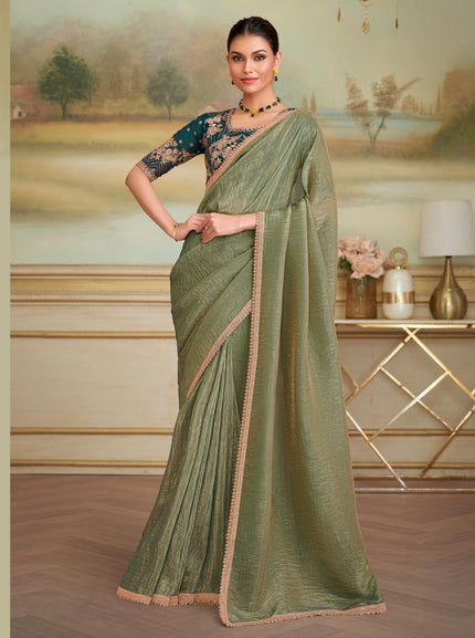 Green Solid Poly Georgette Saree with Poly Georgette Blouse