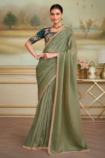 Green Solid Poly Georgette Saree with Poly Georgette Blouse