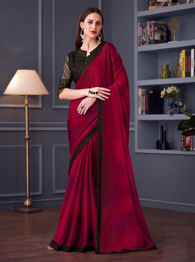 Wine Shimmer Satin Silk Georgette Saree