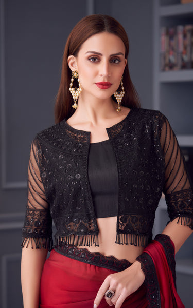 Wine Shimmer Satin Silk Georgette Saree