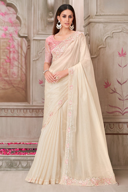 Pearl White Satin Silk & Tussar Silk Blouse