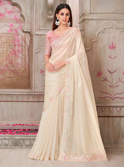 Pearl White Satin Silk & Tussar Silk Blouse