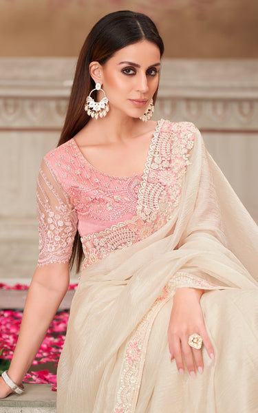 Pearl White Satin Silk & Tussar Silk Blouse