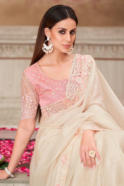 Pearl White Satin Silk & Tussar Silk Blouse