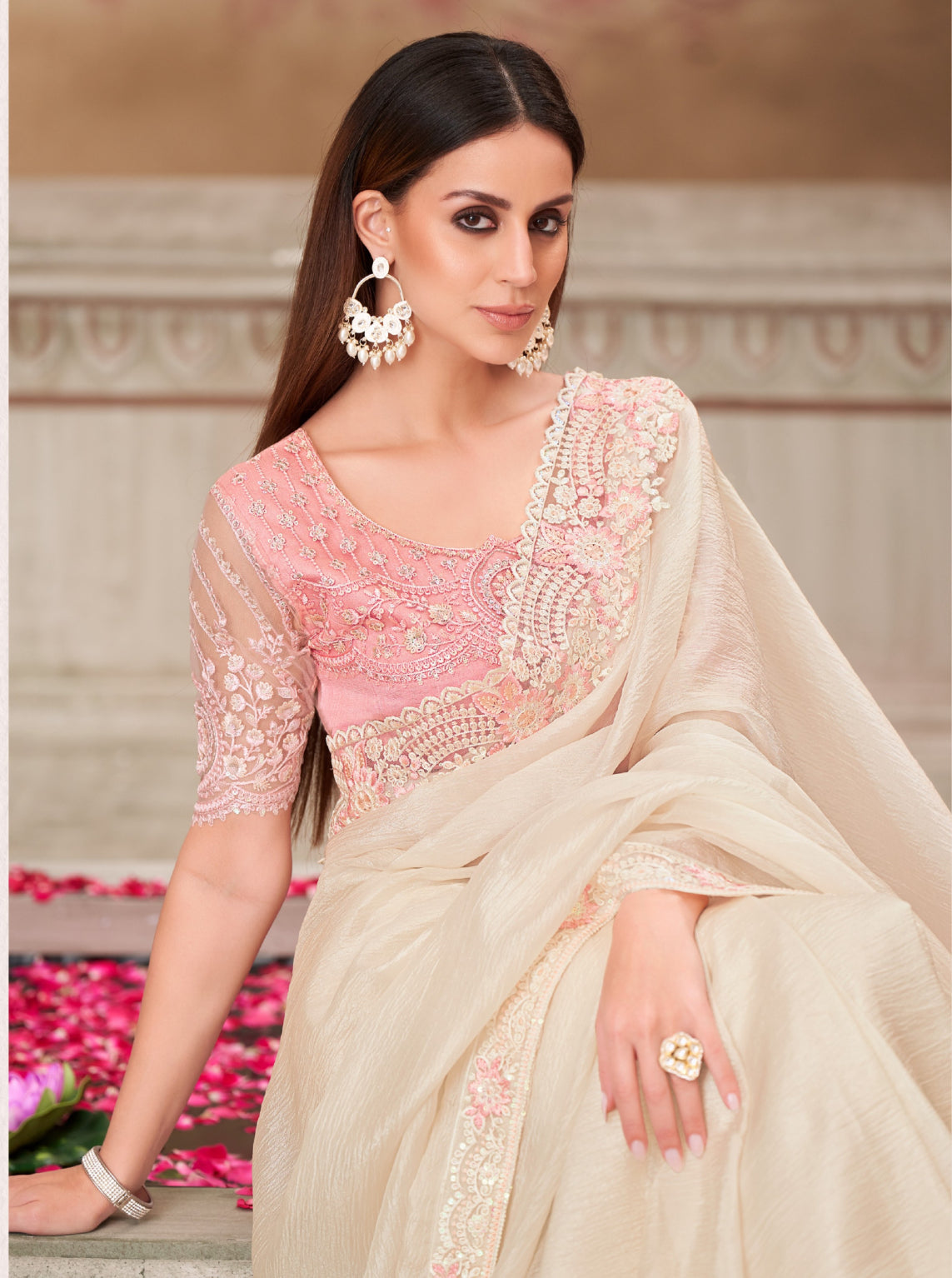 Pearl White Satin Silk & Tussar Silk Blouse