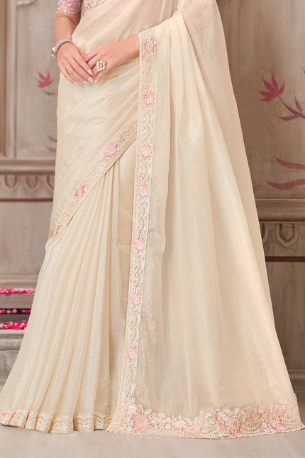 Pearl White Satin Silk & Tussar Silk Blouse