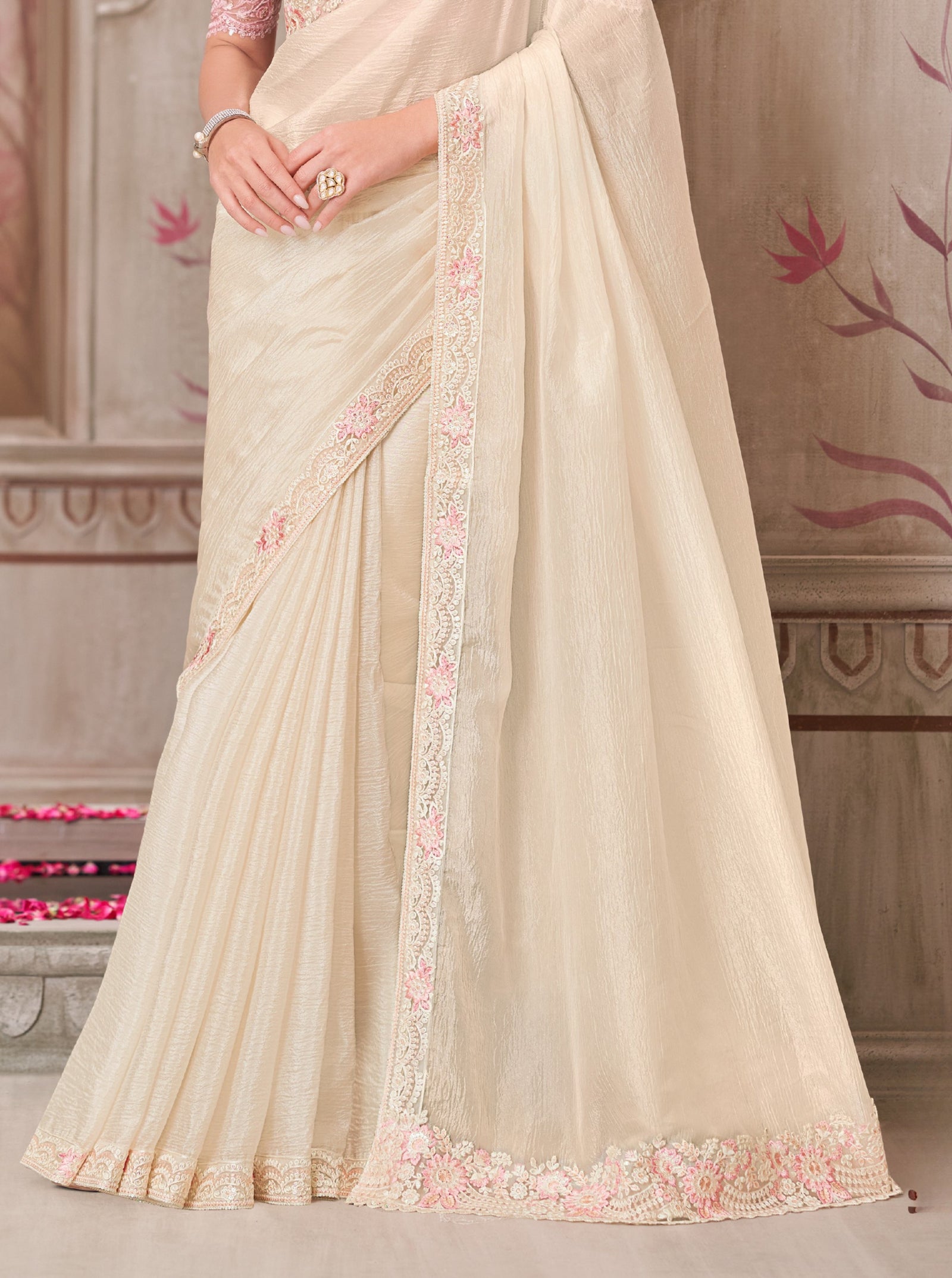Pearl White Satin Silk & Tussar Silk Blouse