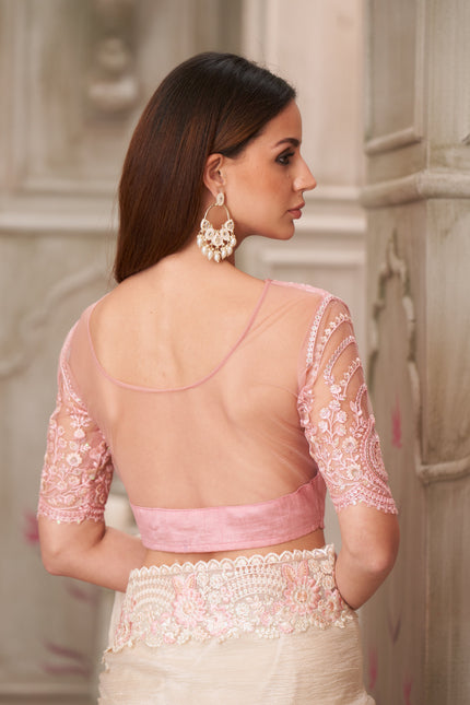 Pearl White Satin Silk & Tussar Silk Blouse