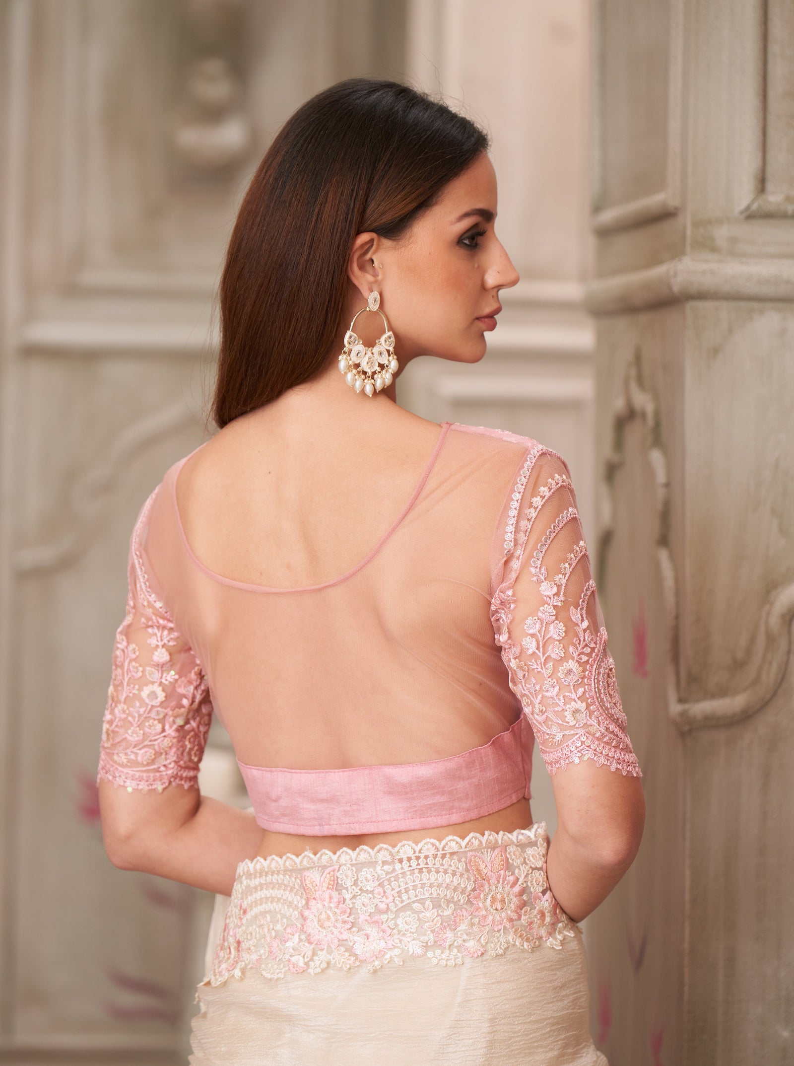 Pearl White Satin Silk & Tussar Silk Blouse