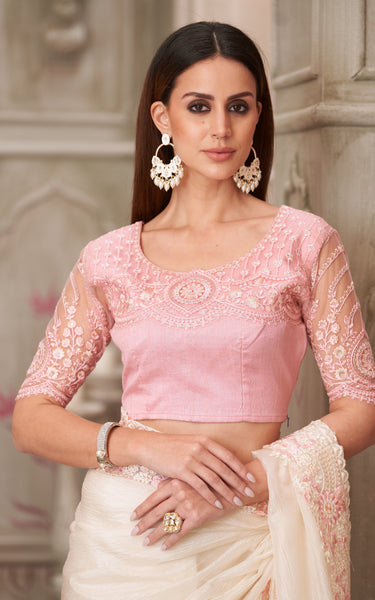 Pearl White Satin Silk & Tussar Silk Blouse