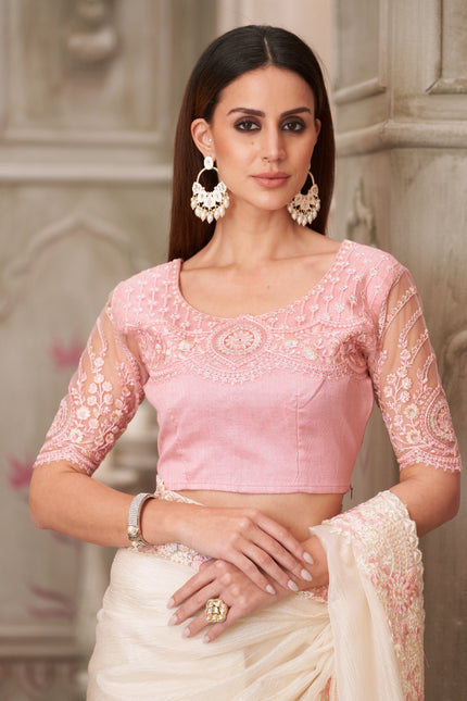 Pearl White Satin Silk & Tussar Silk Blouse