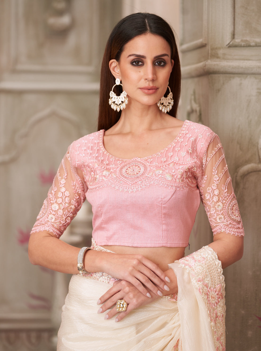 Pearl White Satin Silk & Tussar Silk Blouse