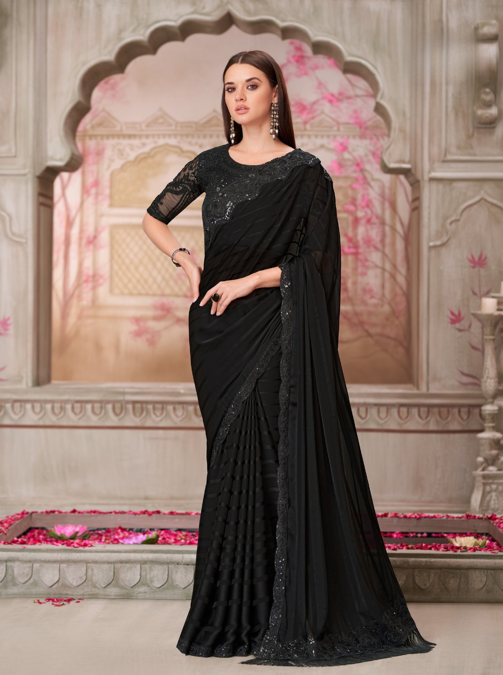 Black Georgette Pattern Saree with Tussar Silk Blouse