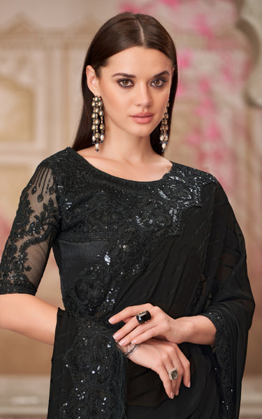 Black Georgette Pattern Saree with Tussar Silk Blouse