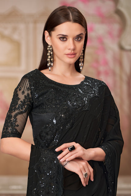 Black Georgette Pattern Saree with Tussar Silk Blouse