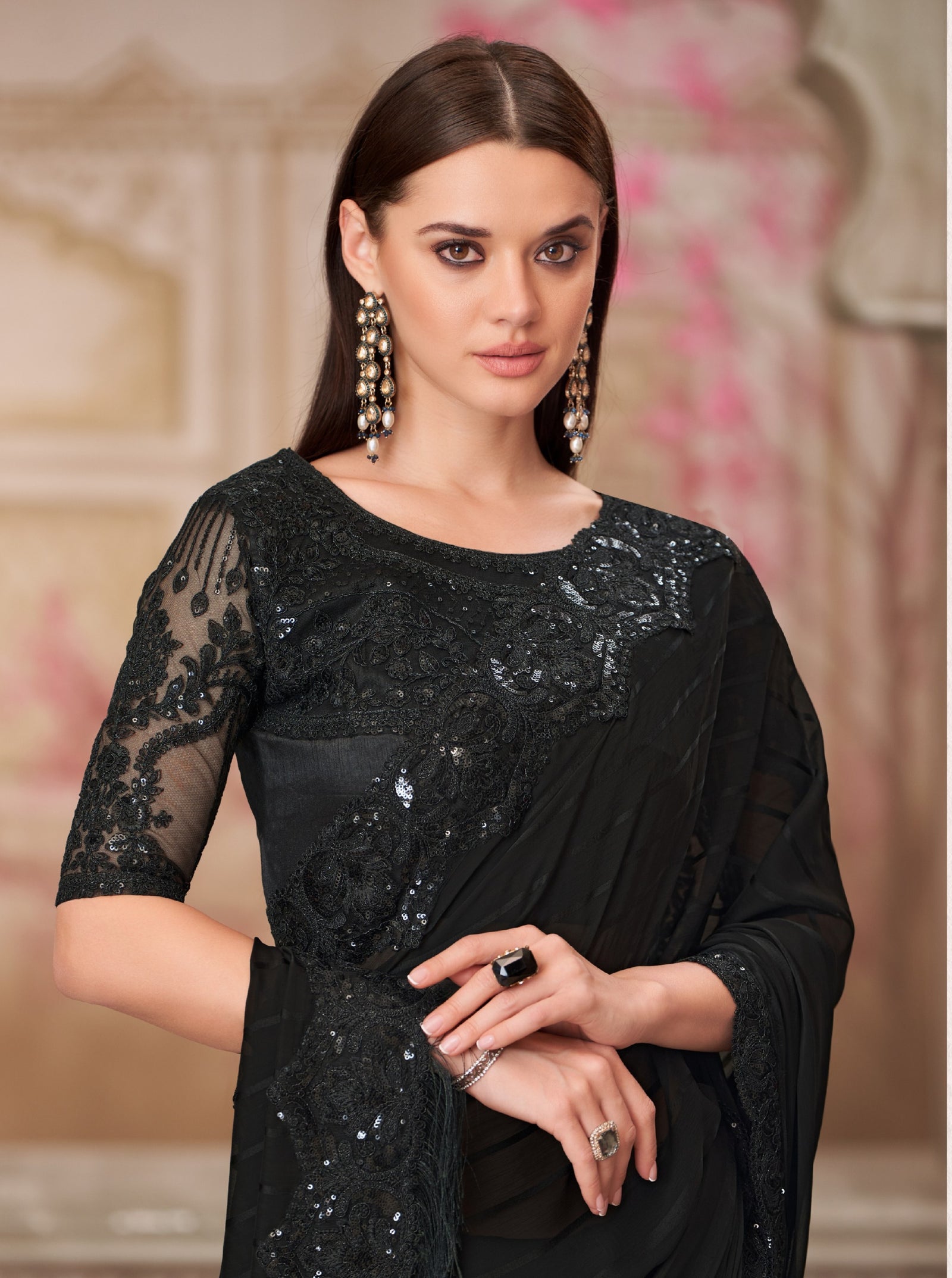 Black Georgette Pattern Saree with Tussar Silk Blouse