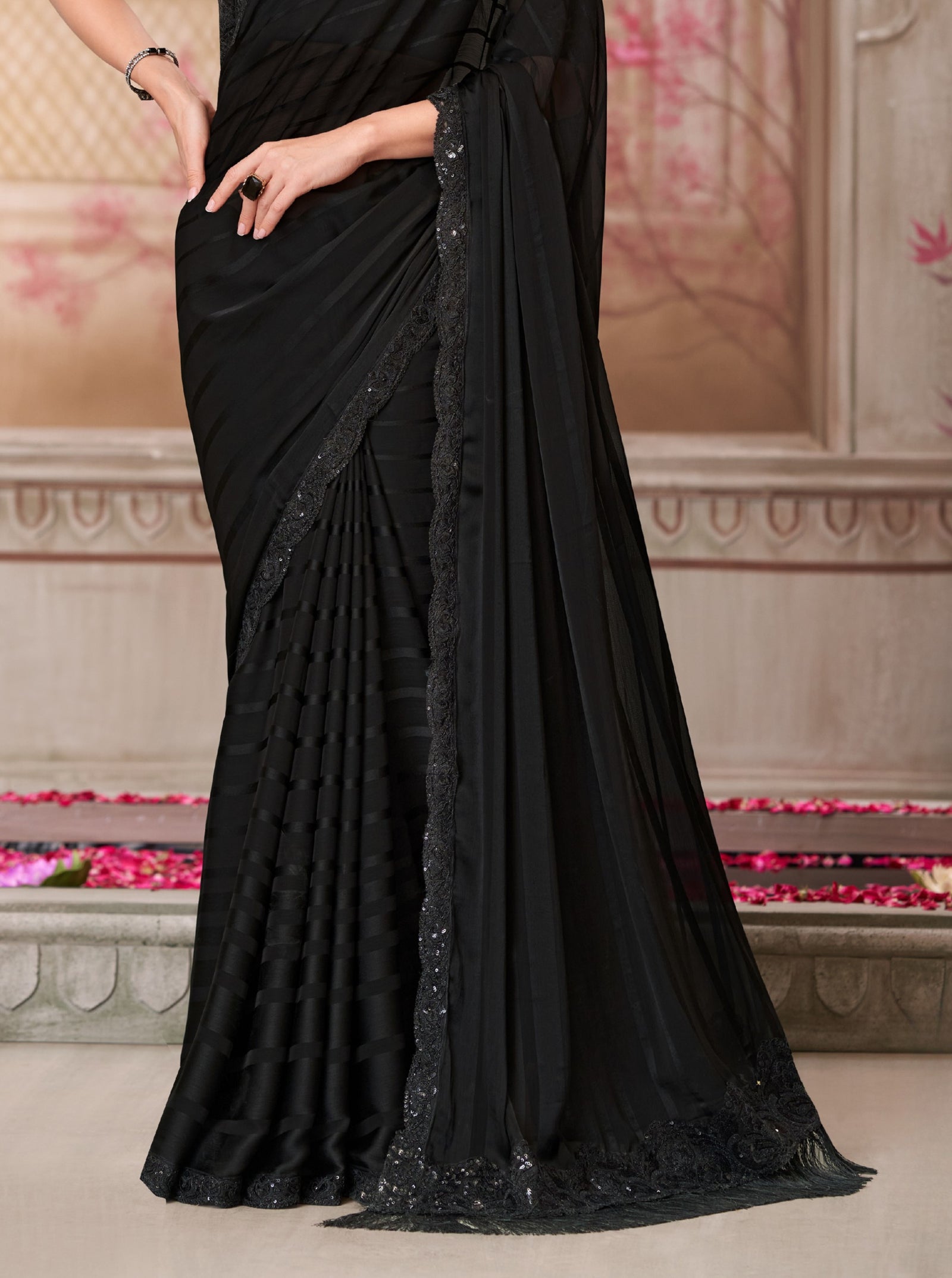 Black Georgette Pattern Saree with Tussar Silk Blouse