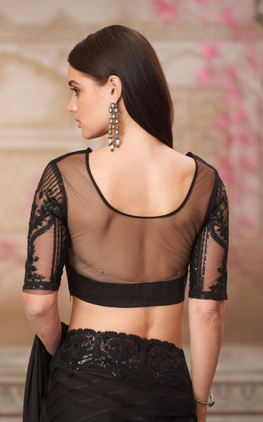 Black Georgette Pattern Saree with Tussar Silk Blouse