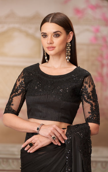 Black Georgette Pattern Saree with Tussar Silk Blouse