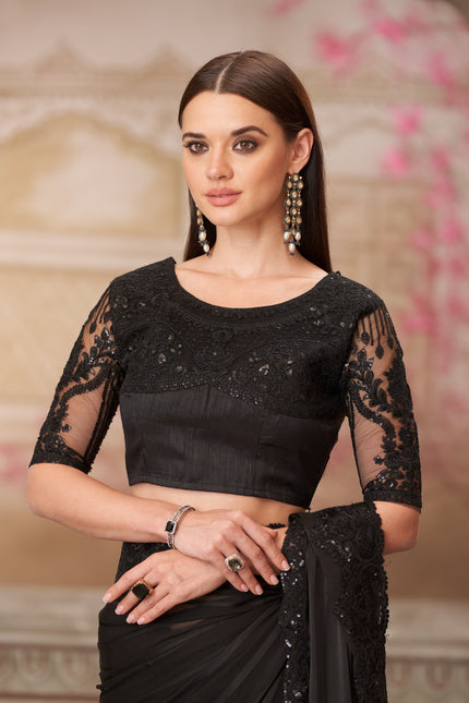 Black Georgette Pattern Saree with Tussar Silk Blouse