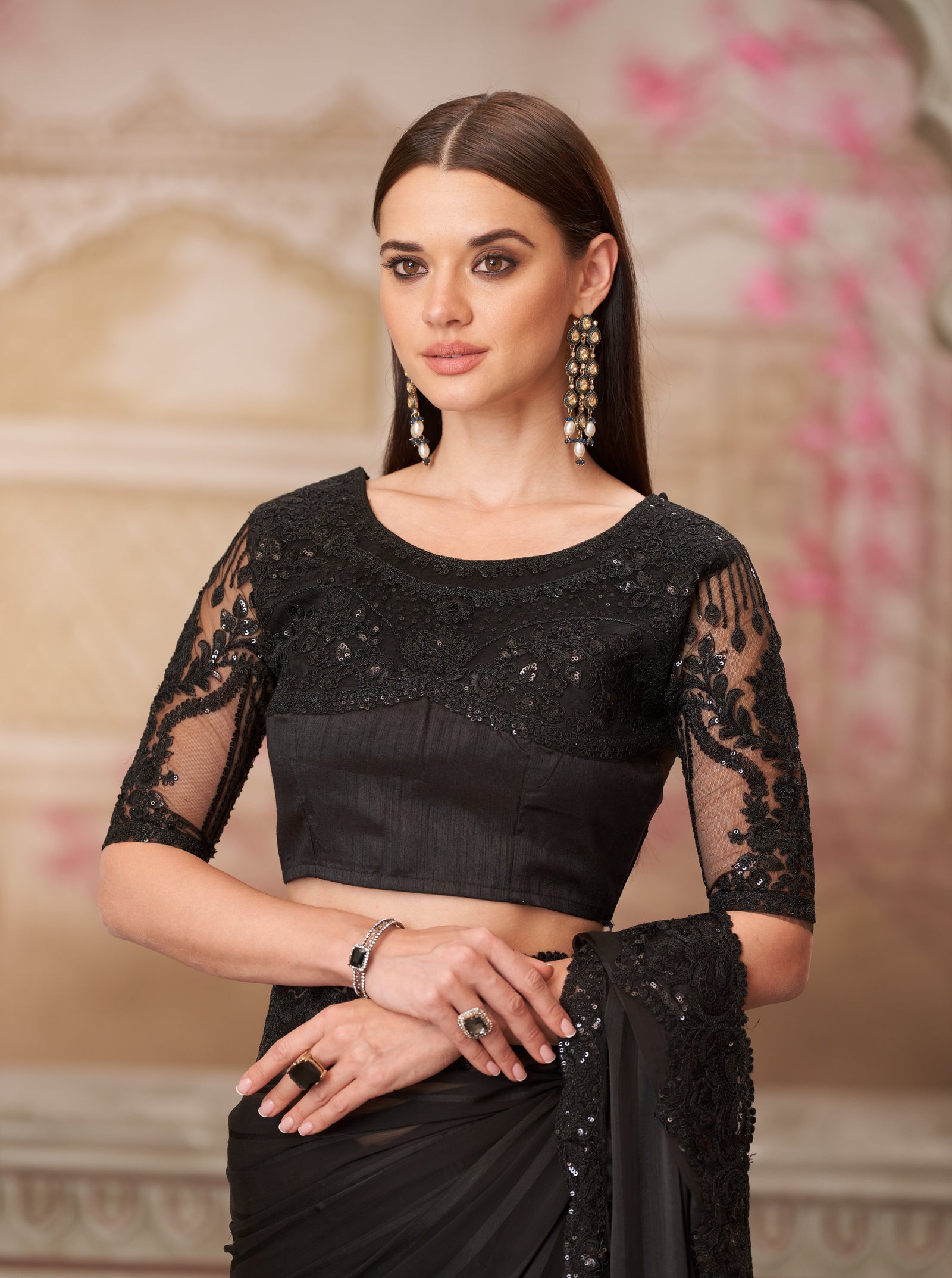 Black Georgette Pattern Saree with Tussar Silk Blouse