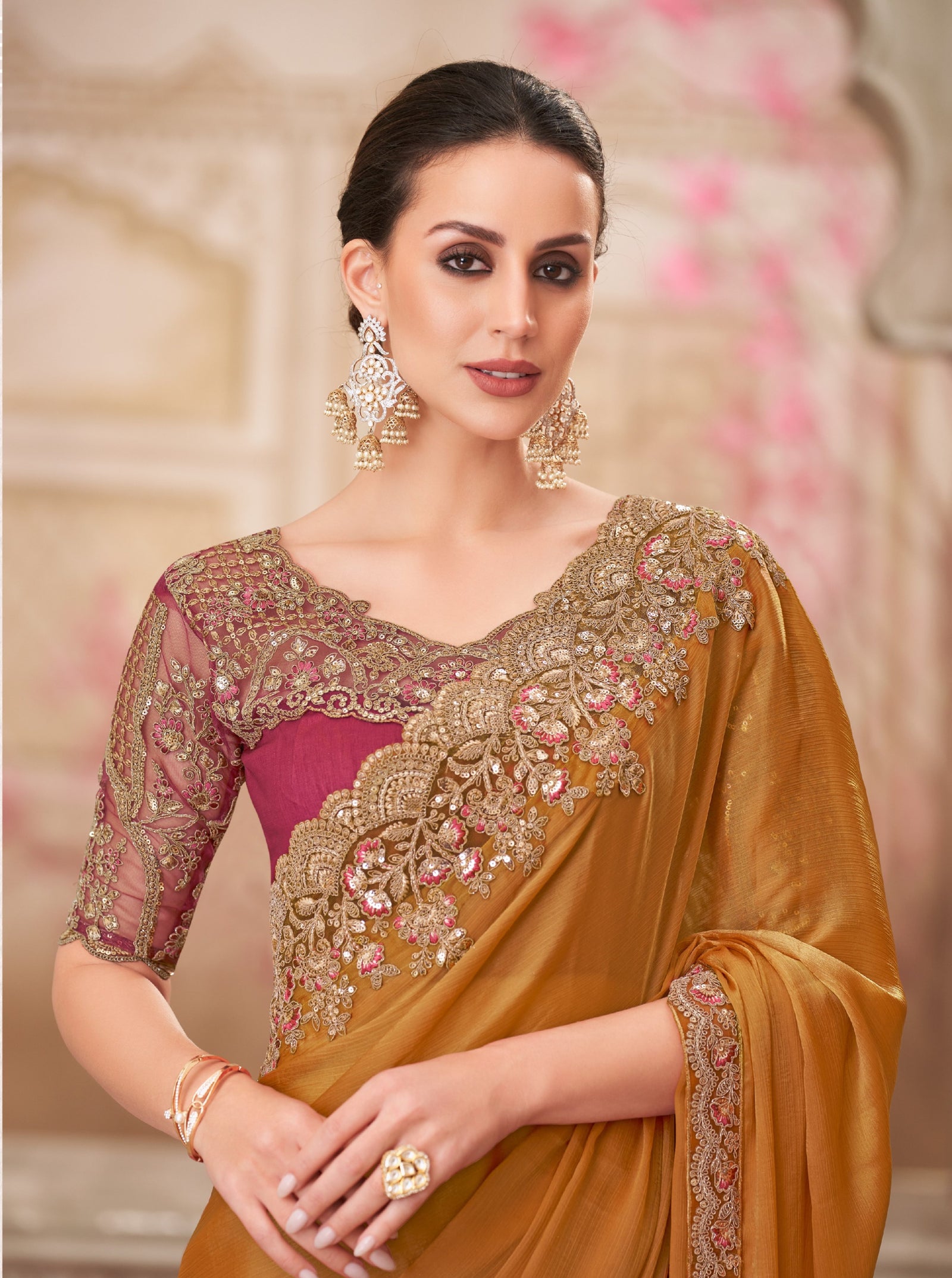 Gold Shine Chiffon Silk Saree with Tussar Silk Blouse