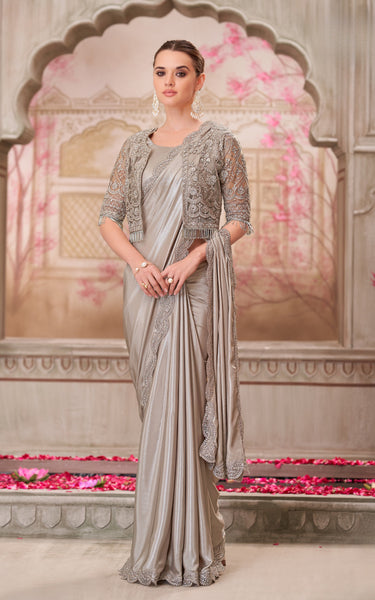 Pearl Grey Shimmer Satin Silk Saree with Jacket Net Blouse