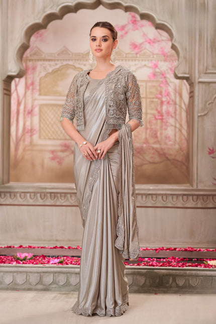Pearl Grey Shimmer Satin Silk Saree with Jacket Net Blouse