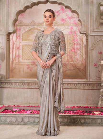Pearl Grey Shimmer Satin Silk Saree with Jacket Net Blouse