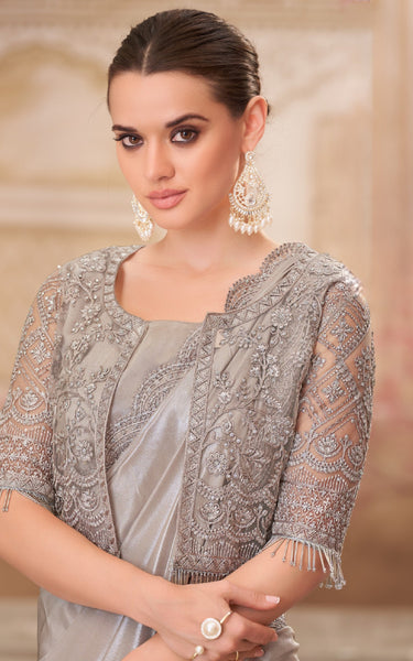 Pearl Grey Shimmer Satin Silk Saree with Jacket Net Blouse