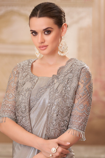 Pearl Grey Shimmer Satin Silk Saree with Jacket Net Blouse