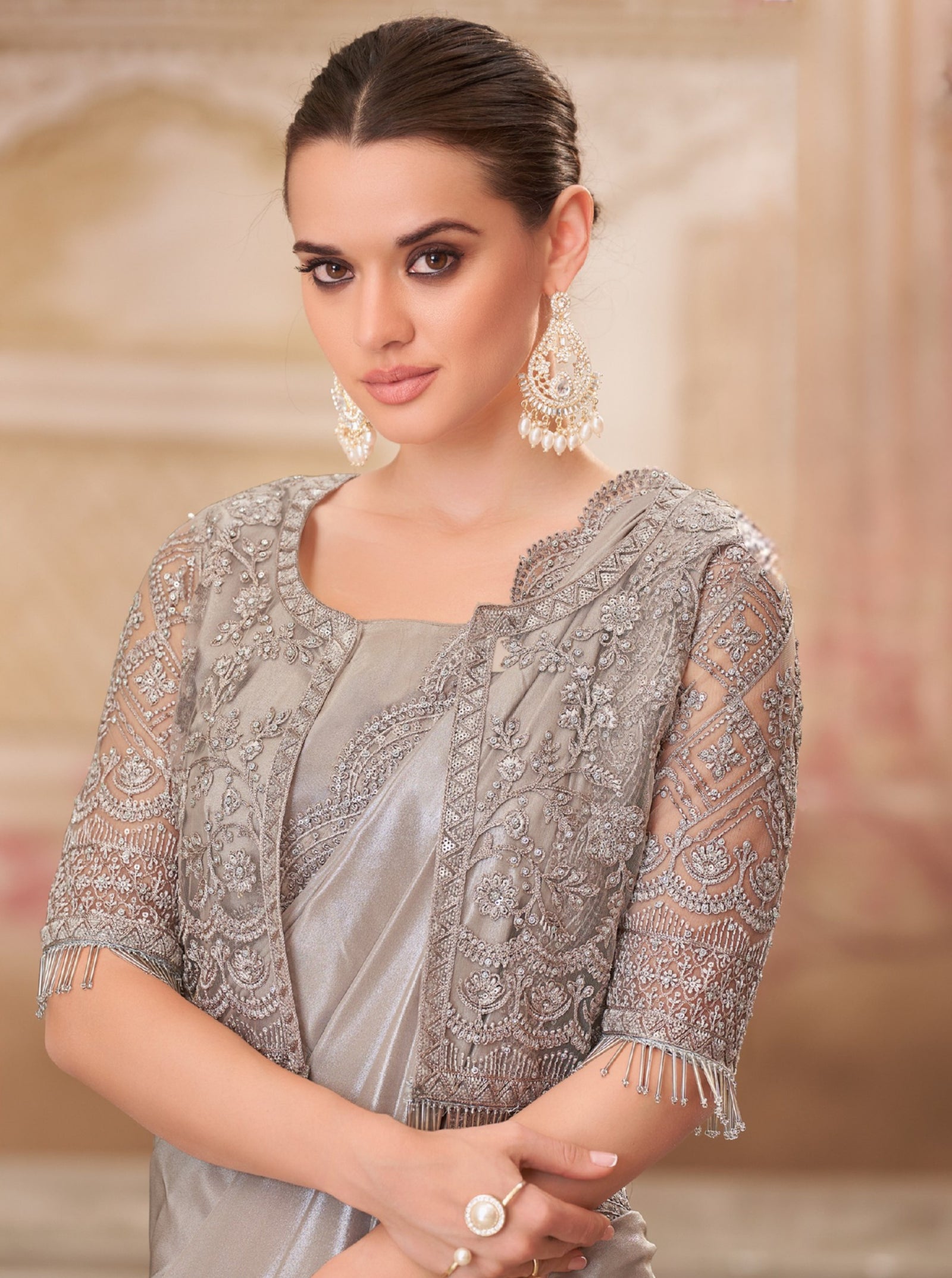 Pearl Grey Shimmer Satin Silk Saree with Jacket Net Blouse