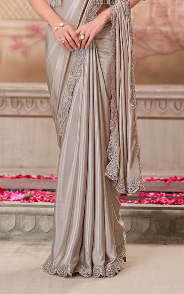 Pearl Grey Shimmer Satin Silk Saree with Jacket Net Blouse