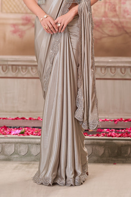 Pearl Grey Shimmer Satin Silk Saree with Jacket Net Blouse