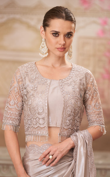 Pearl Grey Shimmer Satin Silk Saree with Jacket Net Blouse