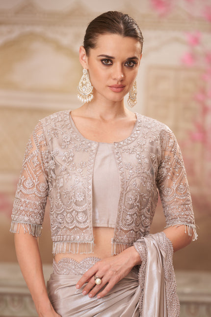 Pearl Grey Shimmer Satin Silk Saree with Jacket Net Blouse