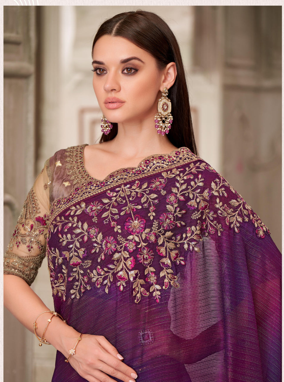 Mulberry Shimmer Satin Georgette Saree